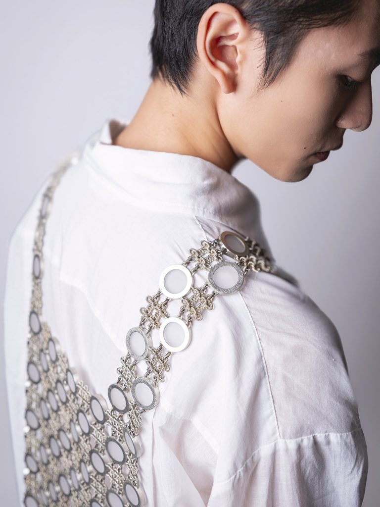 Romanian Jewelry Week 2026 Chuhan pectoral piece Vestige Skin Model 2025 Cupronickel Glass Mother of Pearl - A saptea editie ROMANIAN JEWELRY WEEK | 30 septembrie – 4 octombrie 2026